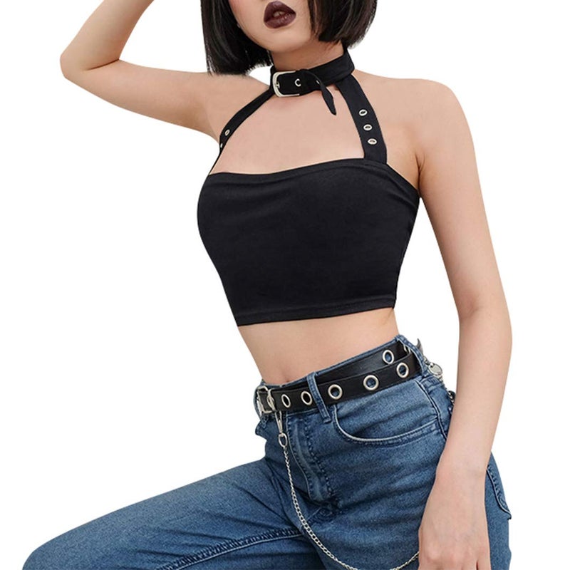 FlyCC Women Sexy Choker Buckle Halter Neck Crop Tube Top Rave Dance Cami Bandeau Tops Black B - Image 3